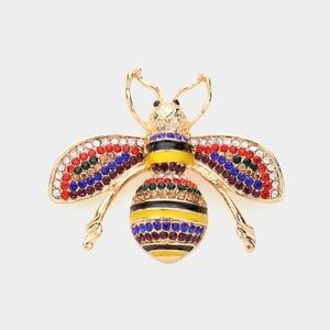 MultiColored Rhinestone Crystal Stripe Honey Bee Brooch Pin Fashion Accessory